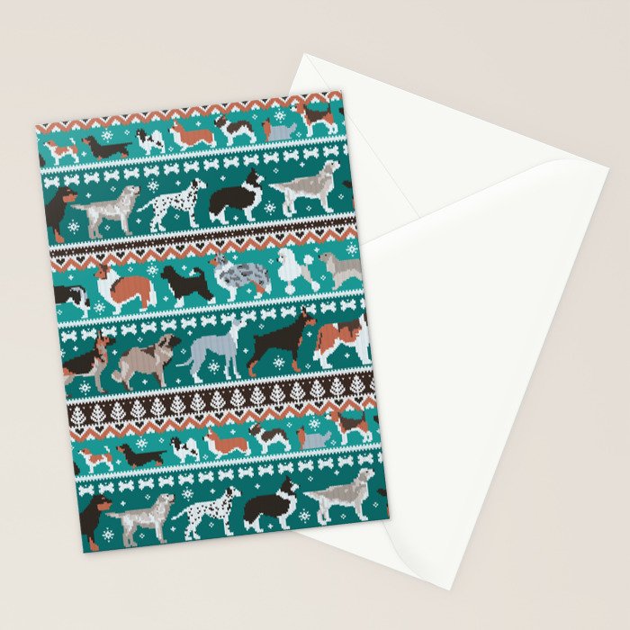 Fluffy and bright fair isle knitting doggie friends // pine and java green background brown orange white and grey dog breeds  Stationery Card Gallery Image 2