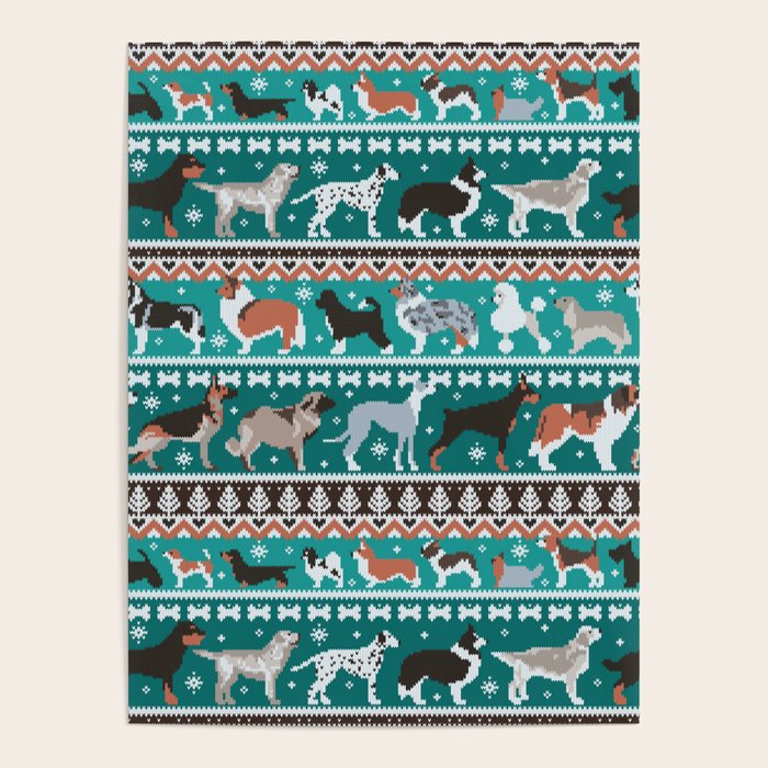 Fluffy and bright fair isle knitting doggie friends // pine and java green background brown orange white and grey dog breeds  Poster Gallery Image 4