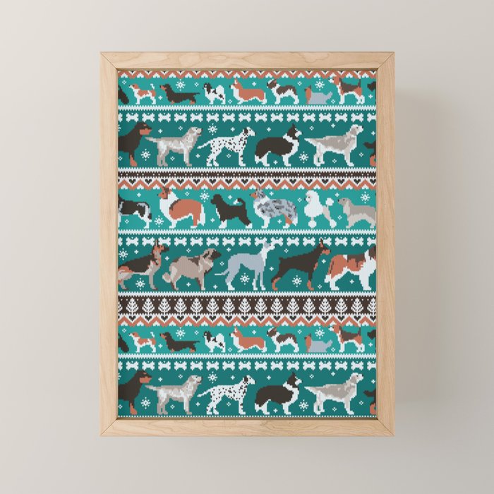 Fluffy and bright fair isle knitting doggie friends // pine and java green background brown orange white and grey dog breeds  Mini Art Print Gallery Image 1