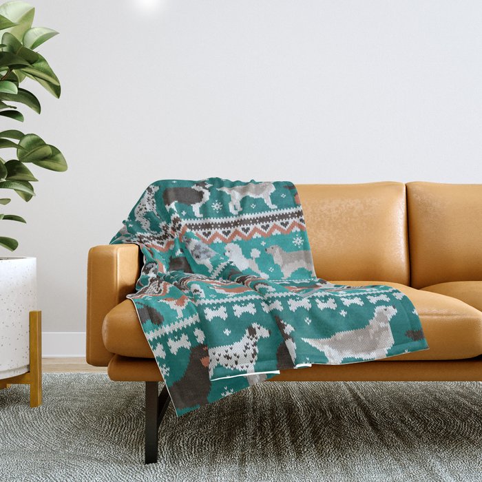 Fluffy and bright fair isle knitting doggie friends // pine and java green background brown orange white and grey dog breeds  Throw Blanket Gallery Image 1