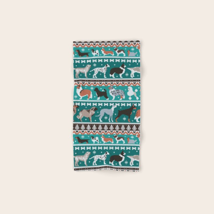 Fluffy and bright fair isle knitting doggie friends // pine and java green background brown orange white and grey dog breeds  Bath Towel Gallery Image 1