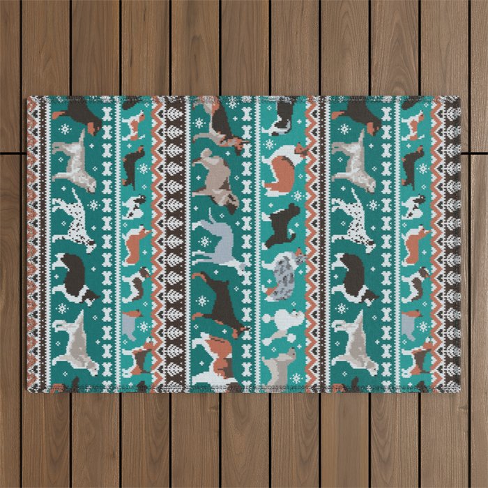 Fluffy and bright fair isle knitting doggie friends // pine and java green background brown orange white and grey dog breeds  Outdoor Rug Gallery Image 1