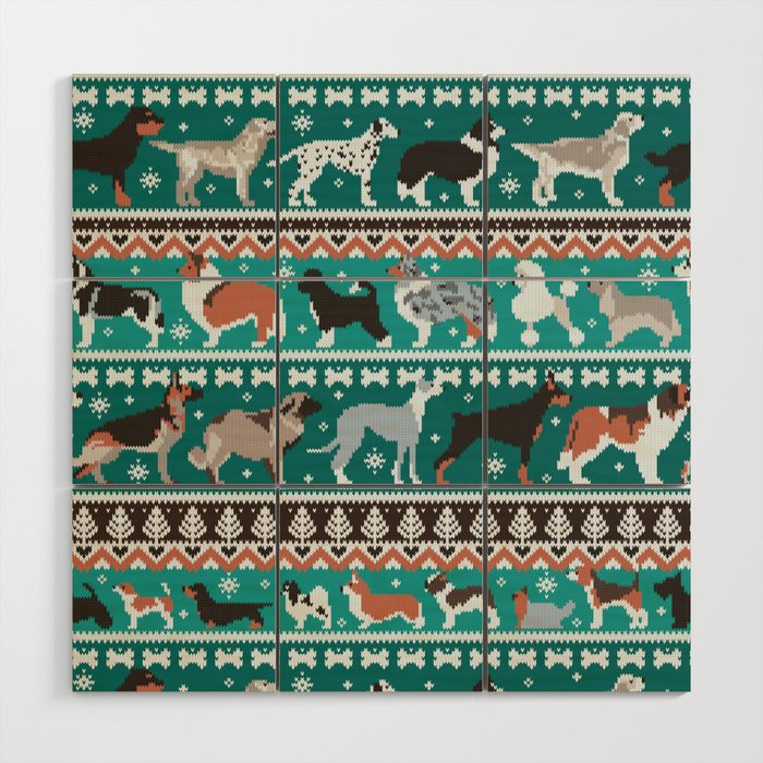 Fluffy and bright fair isle knitting doggie friends // pine and java green background brown orange white and grey dog breeds  Wood Wall Art Gallery Image 1