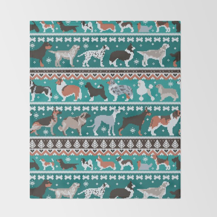 Fluffy and bright fair isle knitting doggie friends // pine and java green background brown orange white and grey dog breeds  Throw Blanket Gallery Image 2