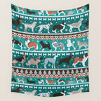 Fluffy and bright fair isle knitting doggie friends // pine and java green background brown orange white and grey dog breeds  Wall Tapestry Gallery Image 4