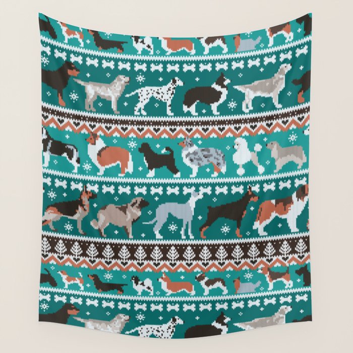 Fluffy and bright fair isle knitting doggie friends // pine and java green background brown orange white and grey dog breeds  Wall Tapestry Gallery Image 4