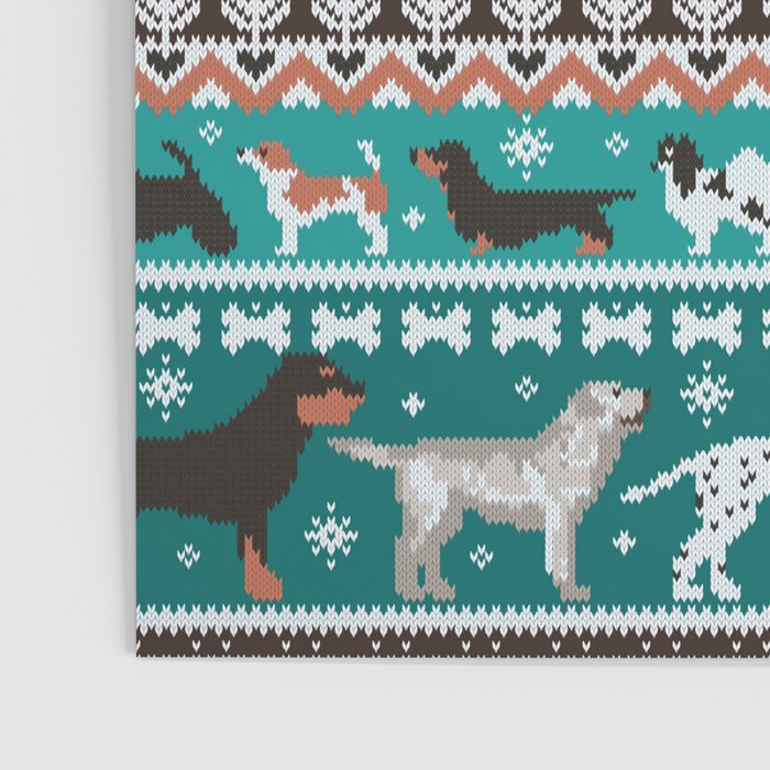 Fluffy and bright fair isle knitting doggie friends // pine and java green background brown orange white and grey dog breeds  Poster Gallery Image 3