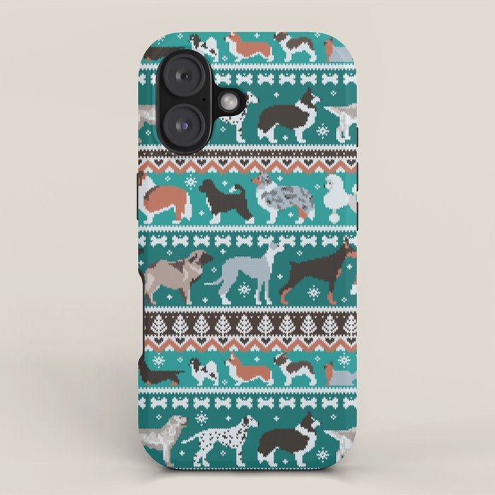 Fluffy and bright fair isle knitting doggie friends // pine and java green background brown orange white and grey dog breeds  iPhone Case Gallery Image 1