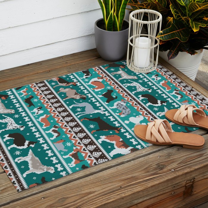 Fluffy and bright fair isle knitting doggie friends // pine and java green background brown orange white and grey dog breeds  Outdoor Rug Gallery Image 2