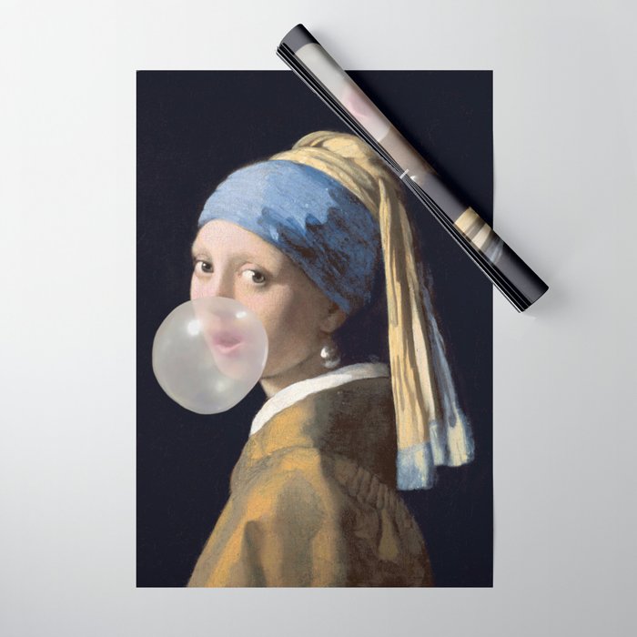 Girl with pearl earring blowing bubble gum Wrapping Paper Gallery Image 1
