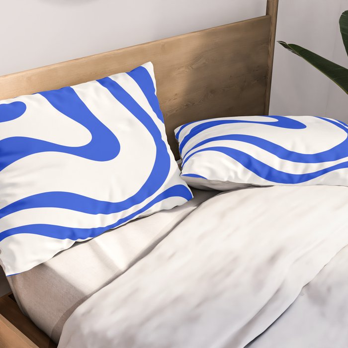 Retro Modern Liquid Swirl Abstract Pattern in Royal Blue and White Pillow Sham Gallery Image 2