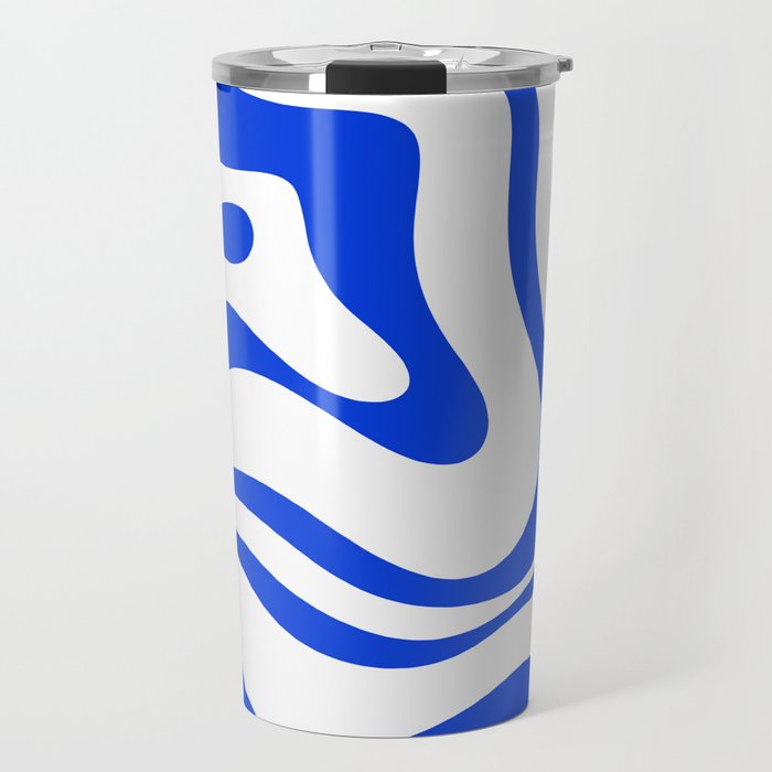 Retro Modern Liquid Swirl Abstract Pattern in Royal Blue and White Travel Mug Gallery Image 1