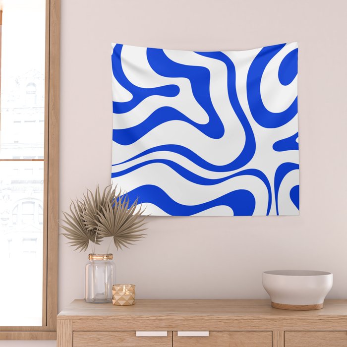 Retro Modern Liquid Swirl Abstract Pattern in Royal Blue and White Wall Tapestry Gallery Image 2