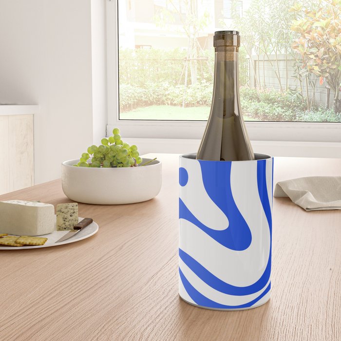 Retro Modern Liquid Swirl Abstract Pattern in Royal Blue and White Wine Chiller Gallery Image 4