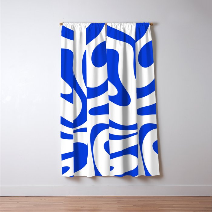Retro Modern Liquid Swirl Abstract Pattern in Royal Blue and White Window Curtain Gallery Image 3