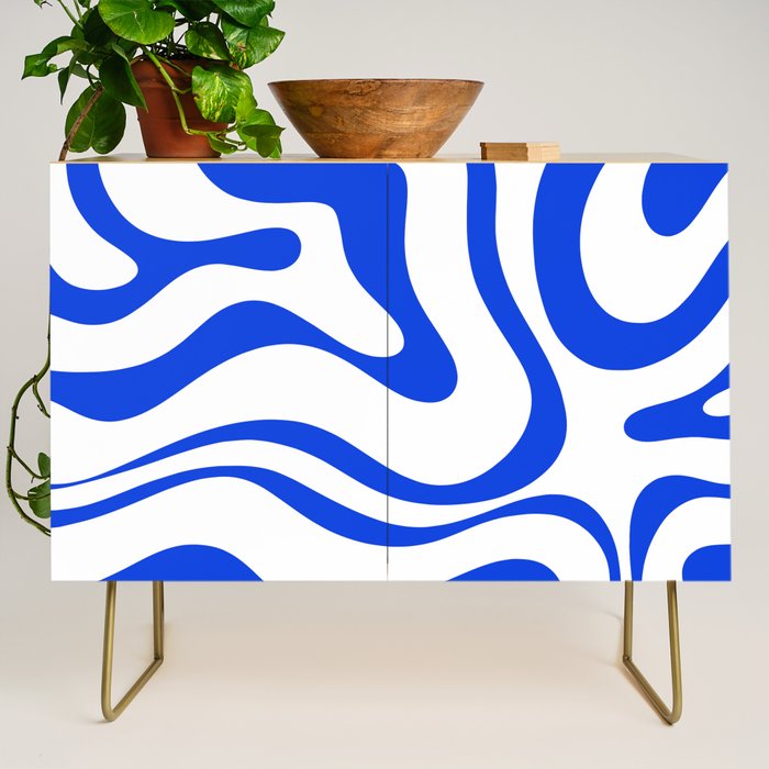 Retro Modern Liquid Swirl Abstract Pattern in Royal Blue and White Credenza Gallery Image 1
