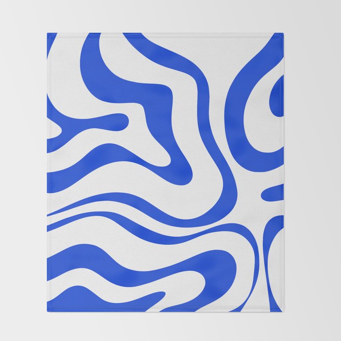 Retro Modern Liquid Swirl Abstract Pattern in Royal Blue and White Throw Blanket Gallery Image 2