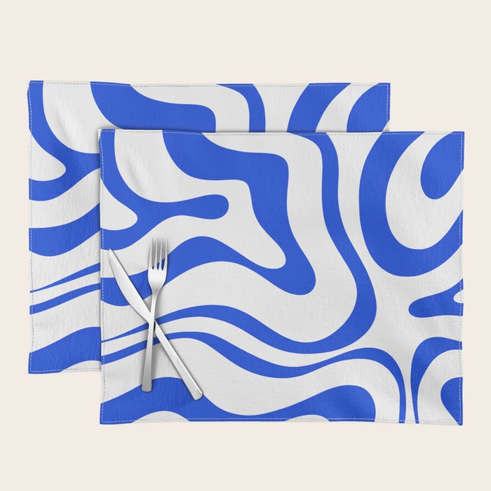 Retro Modern Liquid Swirl Abstract Pattern in Royal Blue and White Placemat Gallery Image 1