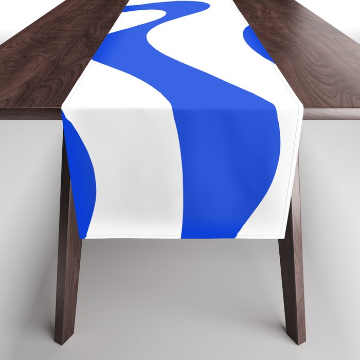 Retro Modern Liquid Swirl Abstract Pattern in Royal Blue and White Table Runner Gallery Image 1