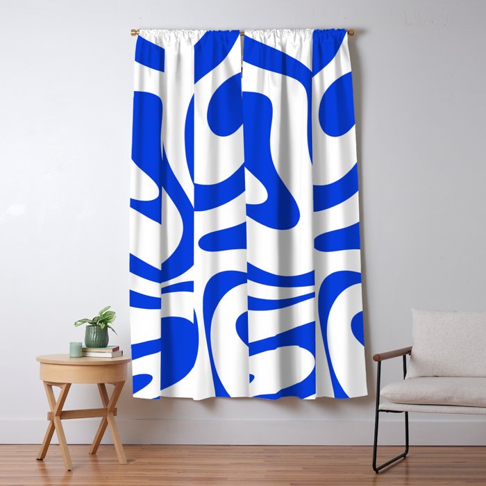 Retro Modern Liquid Swirl Abstract Pattern in Royal Blue and White Window Curtain Gallery Image 5