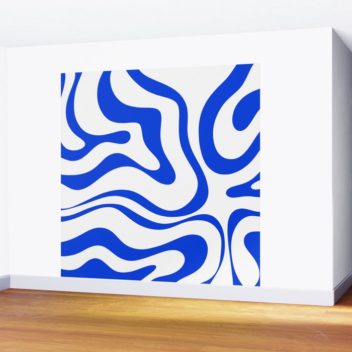 Retro Modern Liquid Swirl Abstract Pattern in Royal Blue and White Wall Mural Gallery Image 2