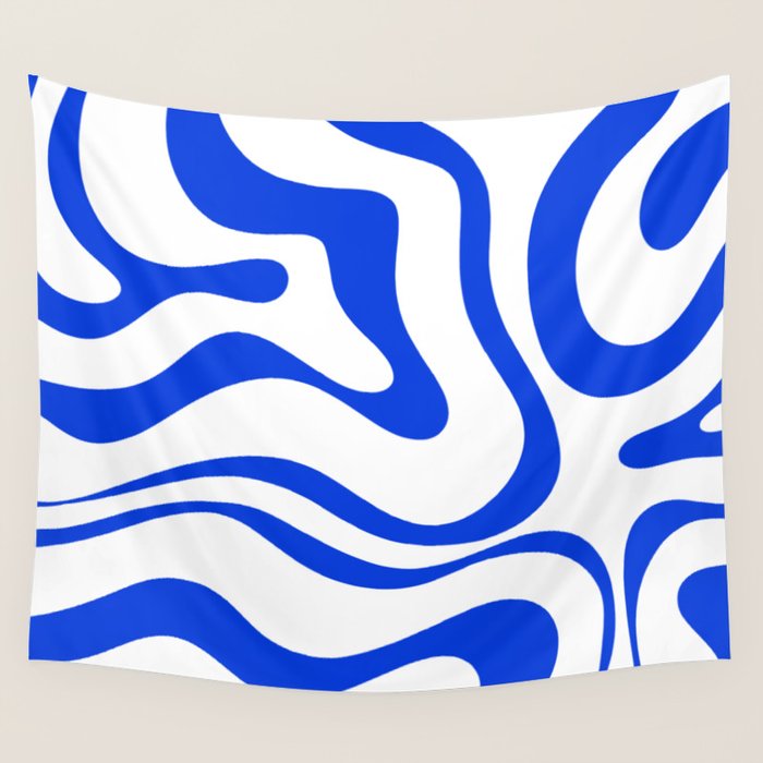 Retro Modern Liquid Swirl Abstract Pattern in Royal Blue and White Wall Tapestry Gallery Image 4