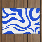 Retro Modern Liquid Swirl Abstract Pattern in Royal Blue and White Outdoor Rug Gallery Image 1