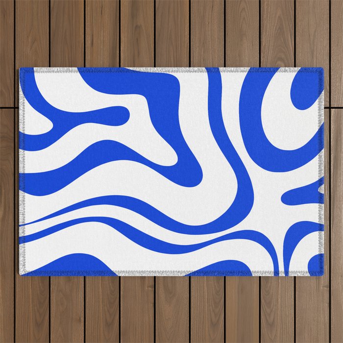 Retro Modern Liquid Swirl Abstract Pattern in Royal Blue and White Outdoor Rug Gallery Image 1