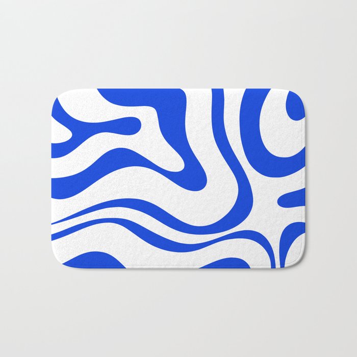 Retro Modern Liquid Swirl Abstract Pattern in Royal Blue and White Bath Mat Gallery Image 1