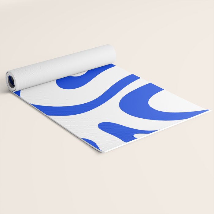 Retro Modern Liquid Swirl Abstract Pattern in Royal Blue and White Yoga Mat Gallery Image 2