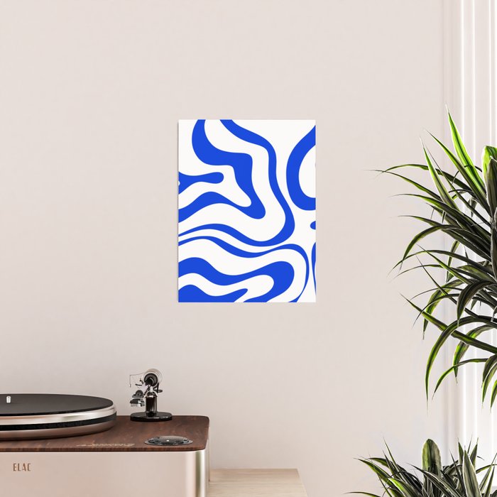 Retro Modern Liquid Swirl Abstract Pattern in Royal Blue and White Poster Gallery Image 2