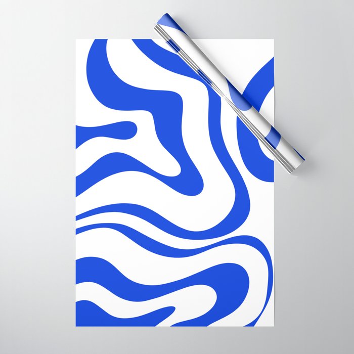 Retro Modern Liquid Swirl Abstract Pattern in Royal Blue and White Wrapping Paper Gallery Image 1