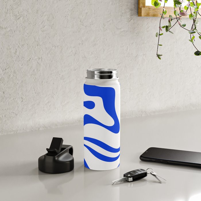 Retro Modern Liquid Swirl Abstract Pattern in Royal Blue and White Water Bottle Gallery Image 4