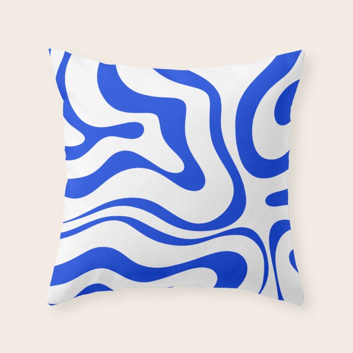 Retro Modern Liquid Swirl Abstract Pattern in Royal Blue and White Throw Pillow Gallery Image 6