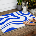 Retro Modern Liquid Swirl Abstract Pattern in Royal Blue and White Outdoor Rug Gallery Image 2