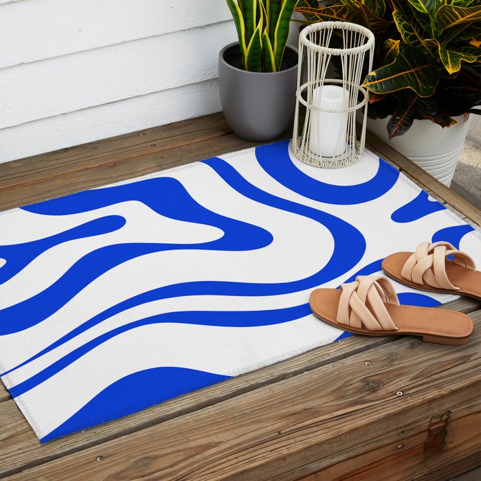 Retro Modern Liquid Swirl Abstract Pattern in Royal Blue and White Outdoor Rug Gallery Image 2