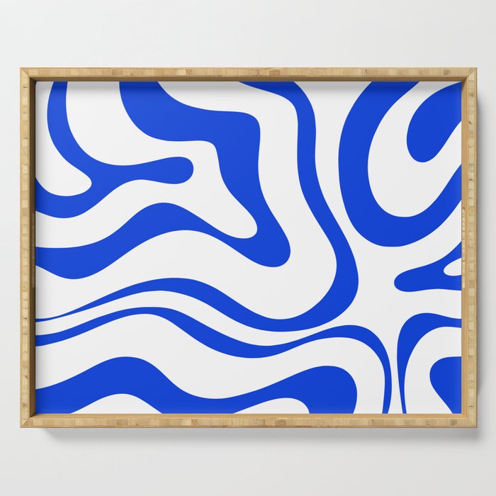 Retro Modern Liquid Swirl Abstract Pattern in Royal Blue and White Serving Tray Gallery Image 1