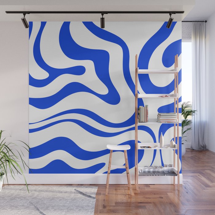 Retro Modern Liquid Swirl Abstract Pattern in Royal Blue and White Wall Mural Gallery Image 1