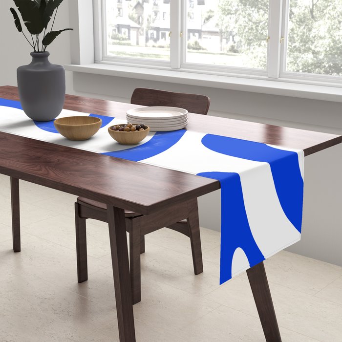 Retro Modern Liquid Swirl Abstract Pattern in Royal Blue and White Table Runner Gallery Image 2