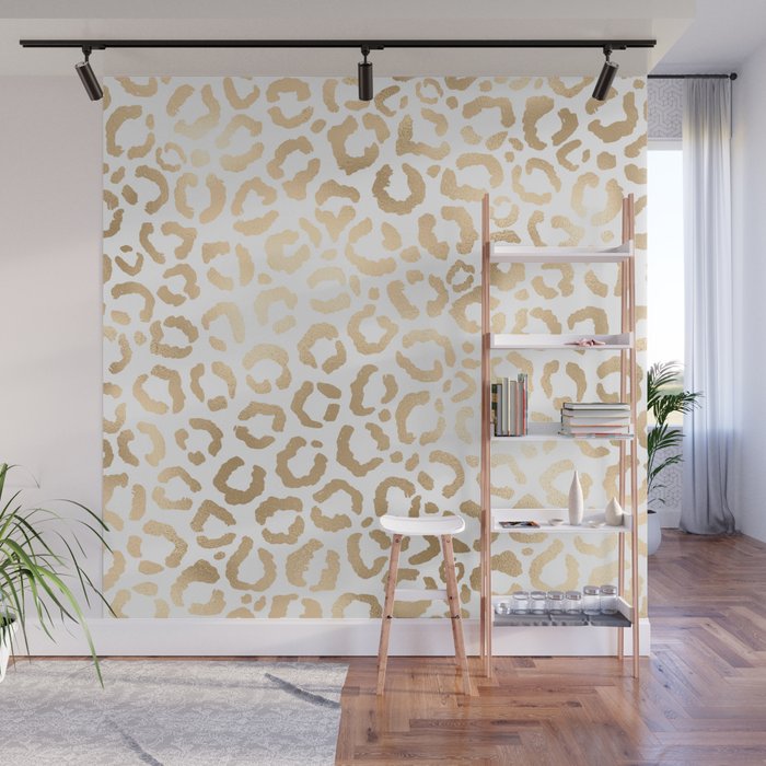 Elegant Gold White Leopard Cheetah Animal Print Wall Mural Gallery Image 1