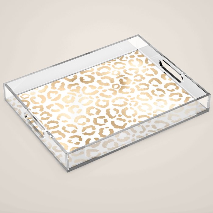 Elegant Gold White Leopard Cheetah Animal Print Acrylic Tray Gallery Image 1