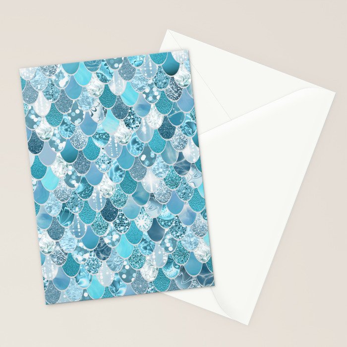 Cute Mermaid Scales, Teal and Aqua Stationery Card Gallery Image 2