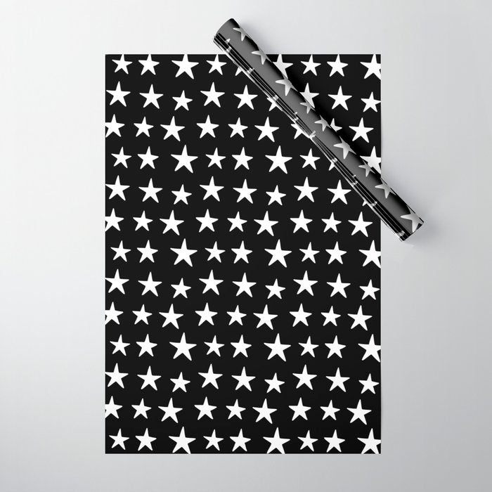 Star Pattern White On Black Wrapping Paper Gallery Image 1