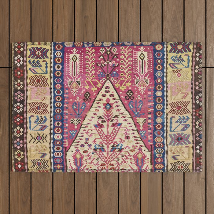 Cute Pink Antique Turkish Niche Kilim Print Outdoor Rug Gallery Image 1