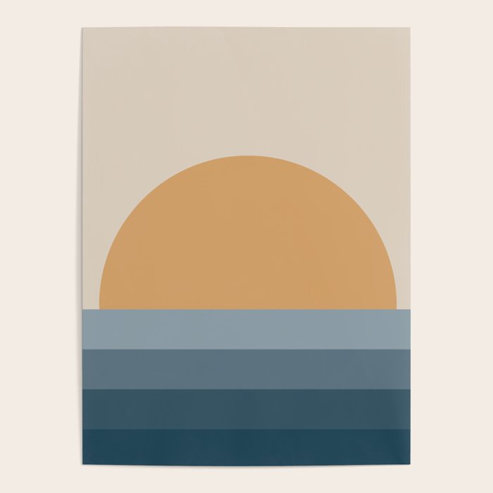 Minimal Retro Sunset Sunrise - Nautical Ocean Blue Poster Gallery Image 1