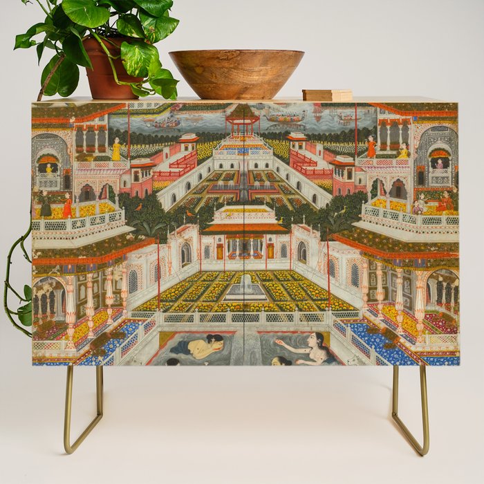 Women bathing before an architectural panorama c. 1765 Fayzullah (Indian, active c. 1730-1765) India, Lucknow, Mughal Indian Miniature Painting  Credenza Gallery Image 1