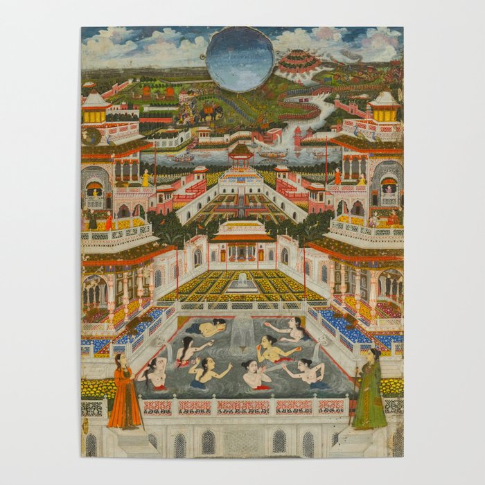 Women bathing before an architectural panorama c. 1765 Fayzullah (Indian, active c. 1730-1765) India, Lucknow, Mughal Indian Miniature Painting  Poster Gallery Image 1