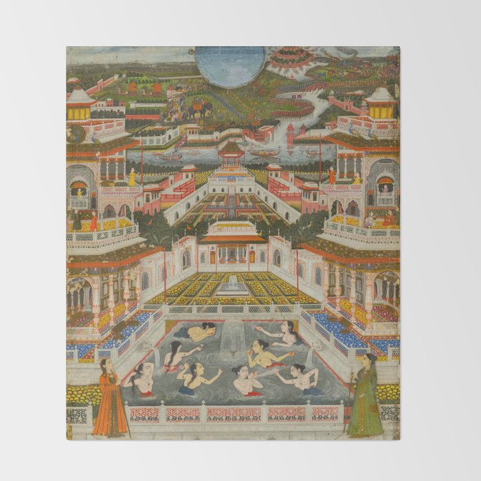 Women bathing before an architectural panorama c. 1765 Fayzullah (Indian, active c. 1730-1765) India, Lucknow, Mughal Indian Miniature Painting  Throw Blanket Gallery Image 2