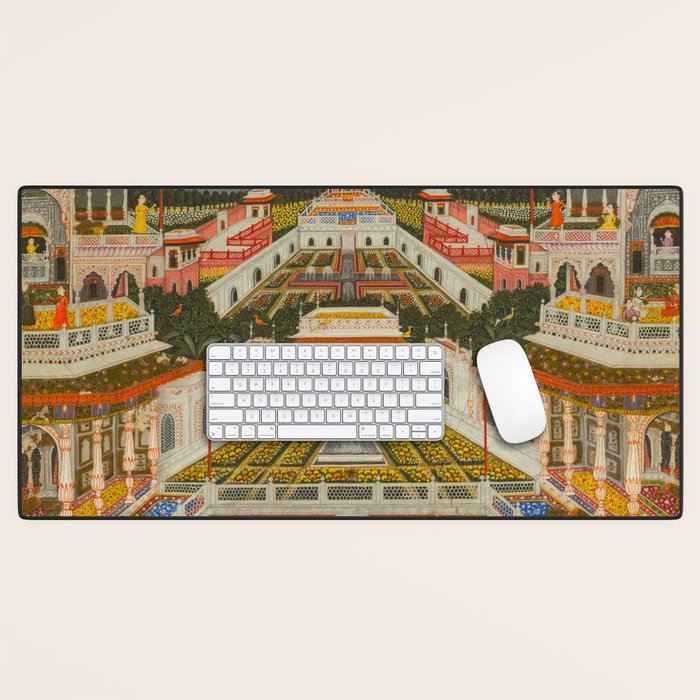 Women bathing before an architectural panorama c. 1765 Fayzullah (Indian, active c. 1730-1765) India, Lucknow, Mughal Indian Miniature Painting  Desk Mat Gallery Image 1