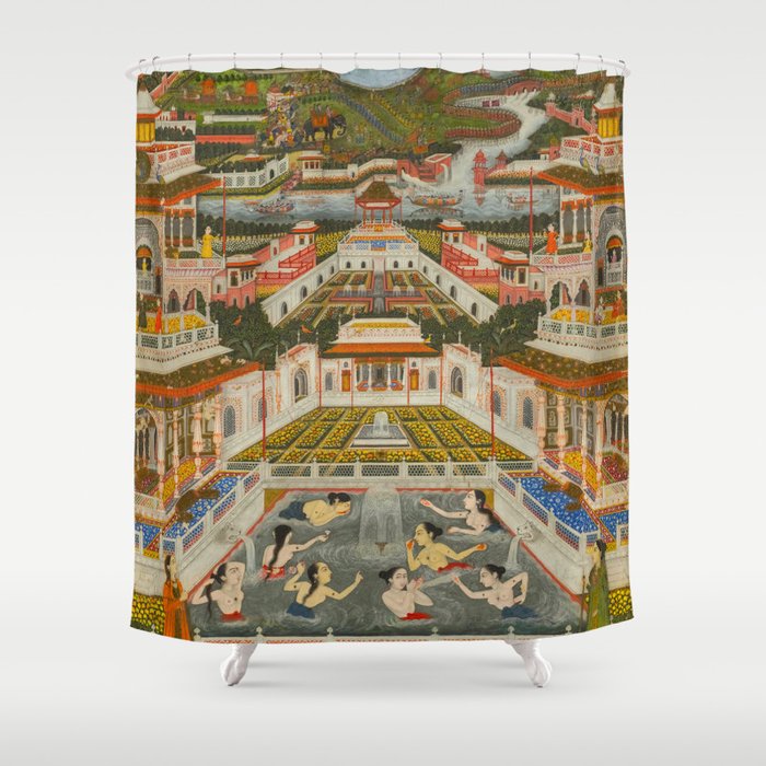 Women bathing before an architectural panorama c. 1765 Fayzullah (Indian, active c. 1730-1765) India, Lucknow, Mughal Indian Miniature Painting  Shower Curtain Gallery Image 1